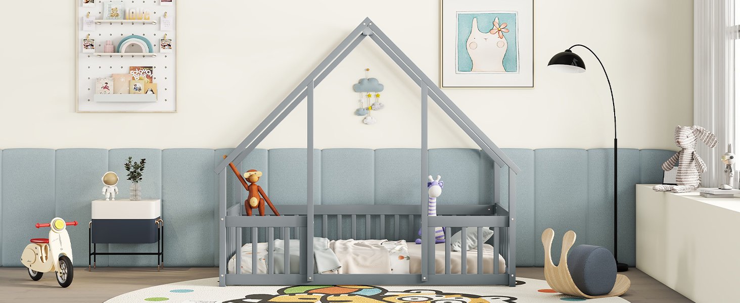 Twin Wood House-Shaped Floor Bed With Fence, Guardrails - Gray - Image 12