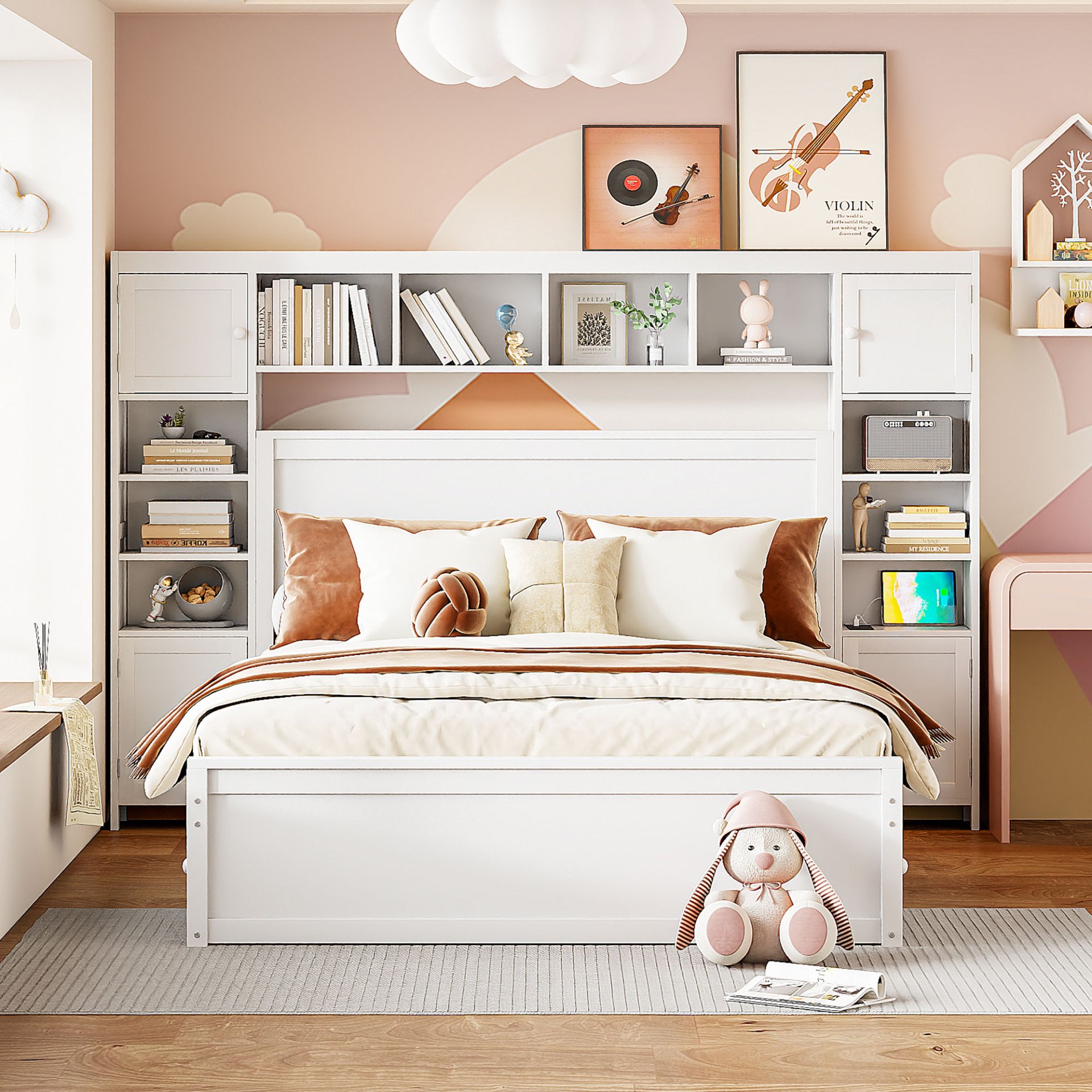 Queen Size Bed With All In One Cabinet, Shelf And Sockets - White - Image 2