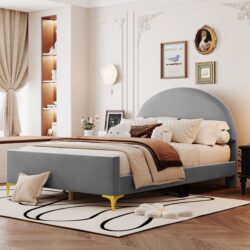 Full Size Upholstered Platform Bed With Classic Semi-Circle Shaped Headboard And Mental Legs - Gray