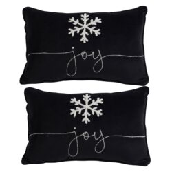 Velvet Pillow With Embroidered Joy And Frosty Snowflake, For Christmas Halloween Holiday Decor (Set of 2) - Black White