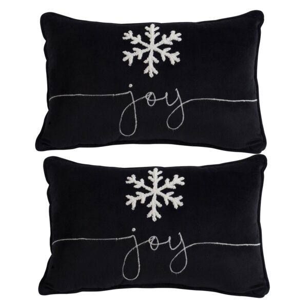 Velvet Pillow With Embroidered Joy And Frosty Snowflake, For Christmas Halloween Holiday Decor (Set of 2) - Black White