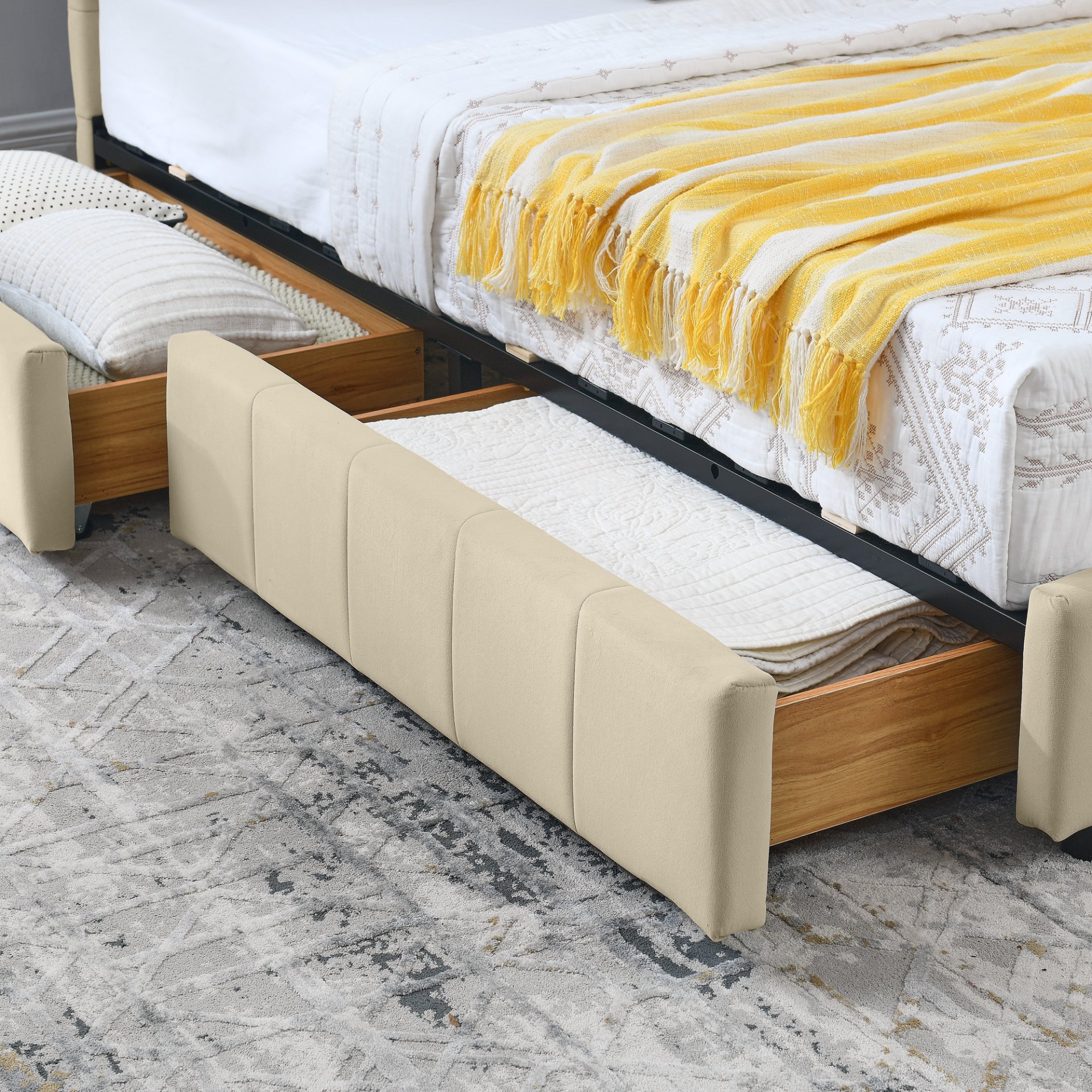 Mid Century Full Size Storage Upholstered Tufted Bed Frame With Backrest And Armrests Velvet - Beige - Image 10