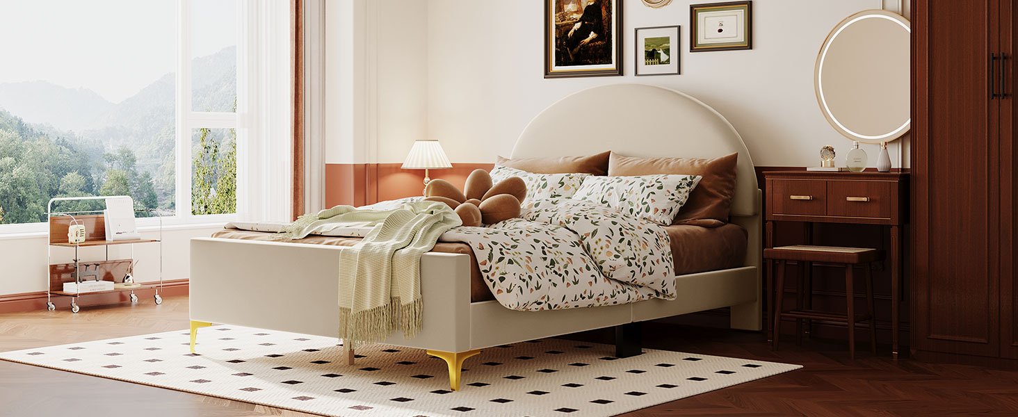 Full Size Upholstered Platform Bed With Classic Semi-Circle Shaped Headboard And Mental Legs - Beige - Image 11