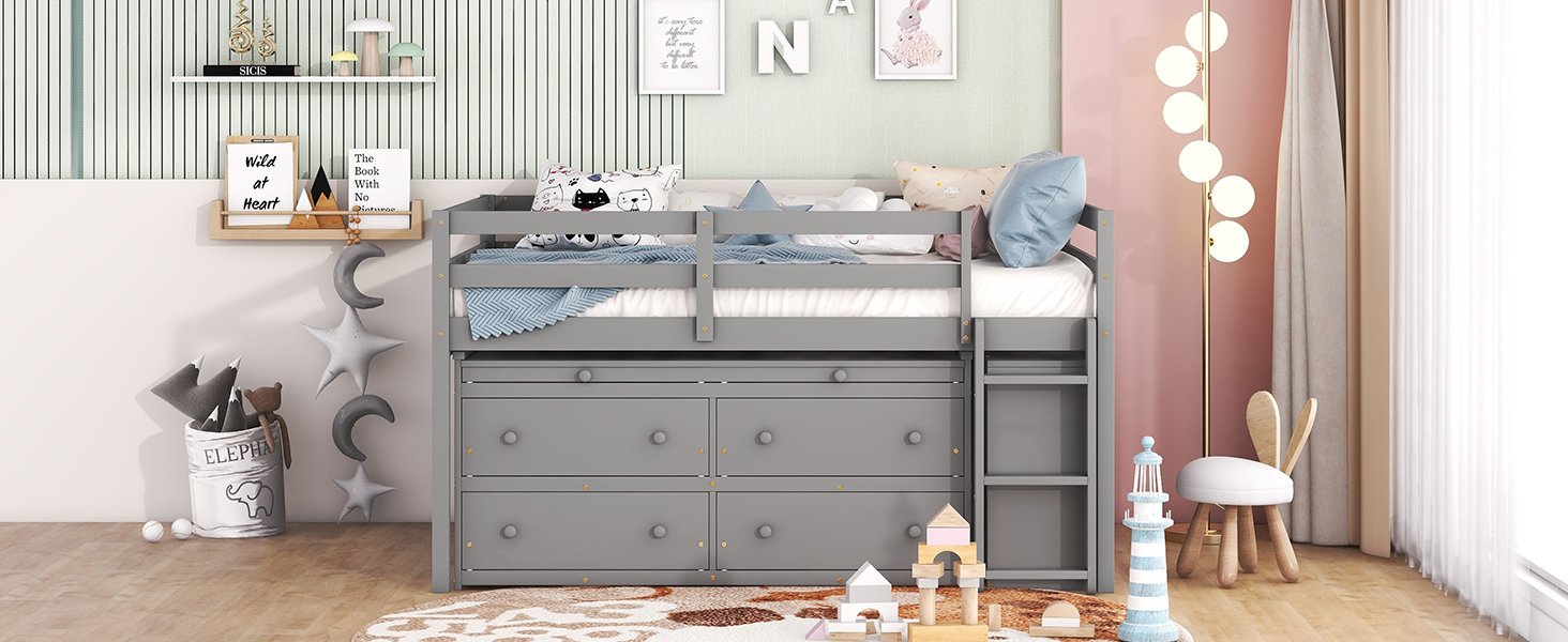 Full Size Loft Bed With Retractable Writing Desk And 4 Drawers, With Lateral Portable Desk And Shelves - Gray - Image 21