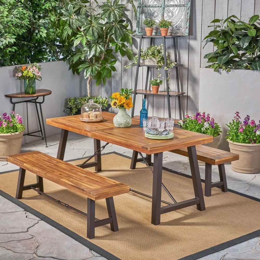 Catriona - 3 Piece Wood Outdoor Dining Set - Teak - Image 2