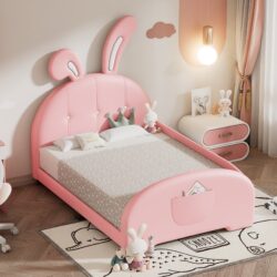 Twin Size Upholstered Rabbit-Shape Princess Bed, Twin Size Platform Bed With Headboard And Footboard - Pink