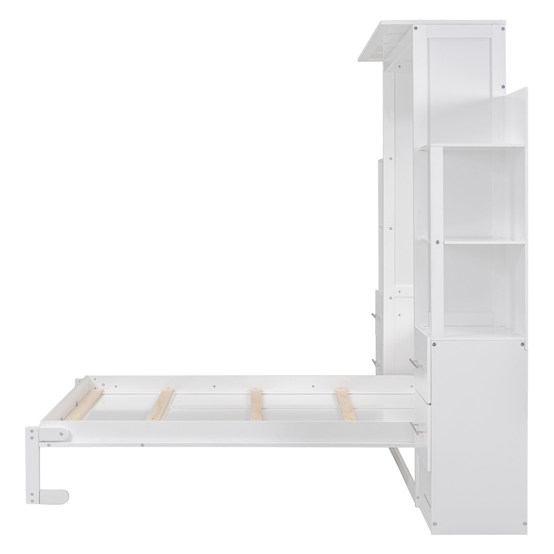 Full Size Murphy Wall Bed With Shelves, Drawers And LED Lights - White - Image 8