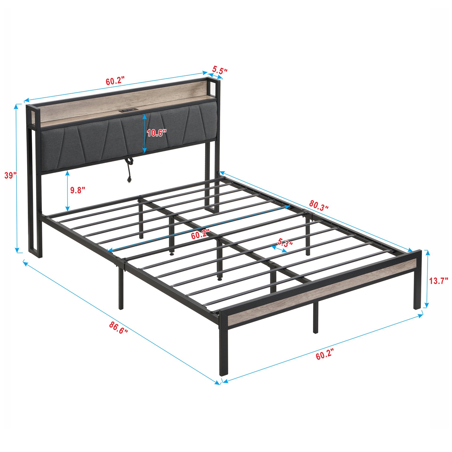 Queen Size Metal Platform Bed Frame With Upholsteryolstery Storage Function Headboard And USB Liner And Footboard, No Box Spring Needed, Large Under Bed Storage - Gray - Image 3