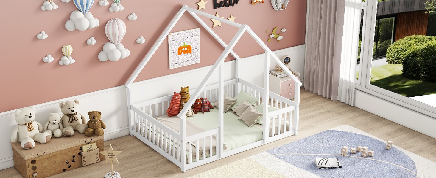 Full Wood House-Shaped Floor Bed With Fence, Guardrails - White - Image 10