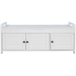 Storage Bench With 3 Shutter-Shaped Doors, Shoe Bench With Removable Cushion And Hidden Storage Space - White