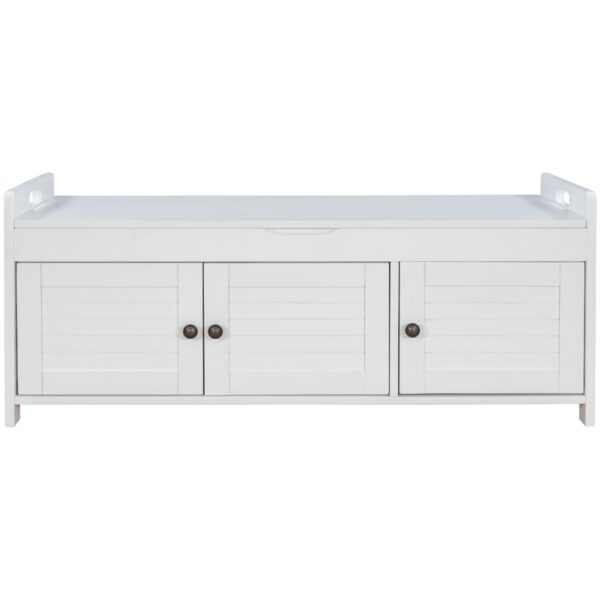 Storage Bench With 3 Shutter-Shaped Doors, Shoe Bench With Removable Cushion And Hidden Storage Space - White