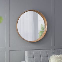 Round Pine Wood Mirror, Wall Mounted Mirror Home Decor For Bathroom Living Room - Brown