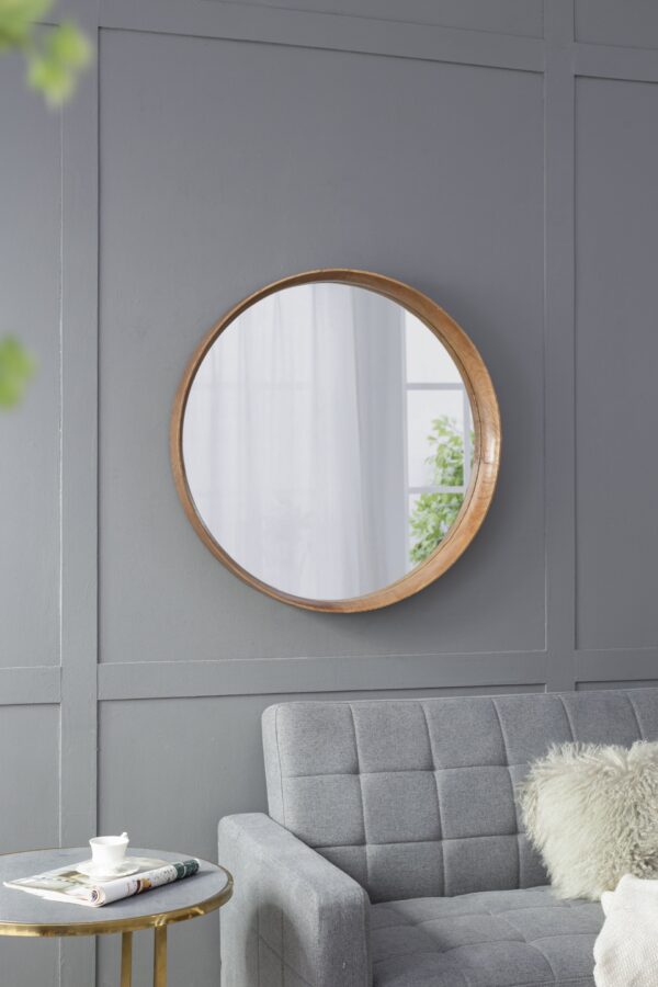 Round Pine Wood Mirror, Wall Mounted Mirror Home Decor For Bathroom Living Room - Brown