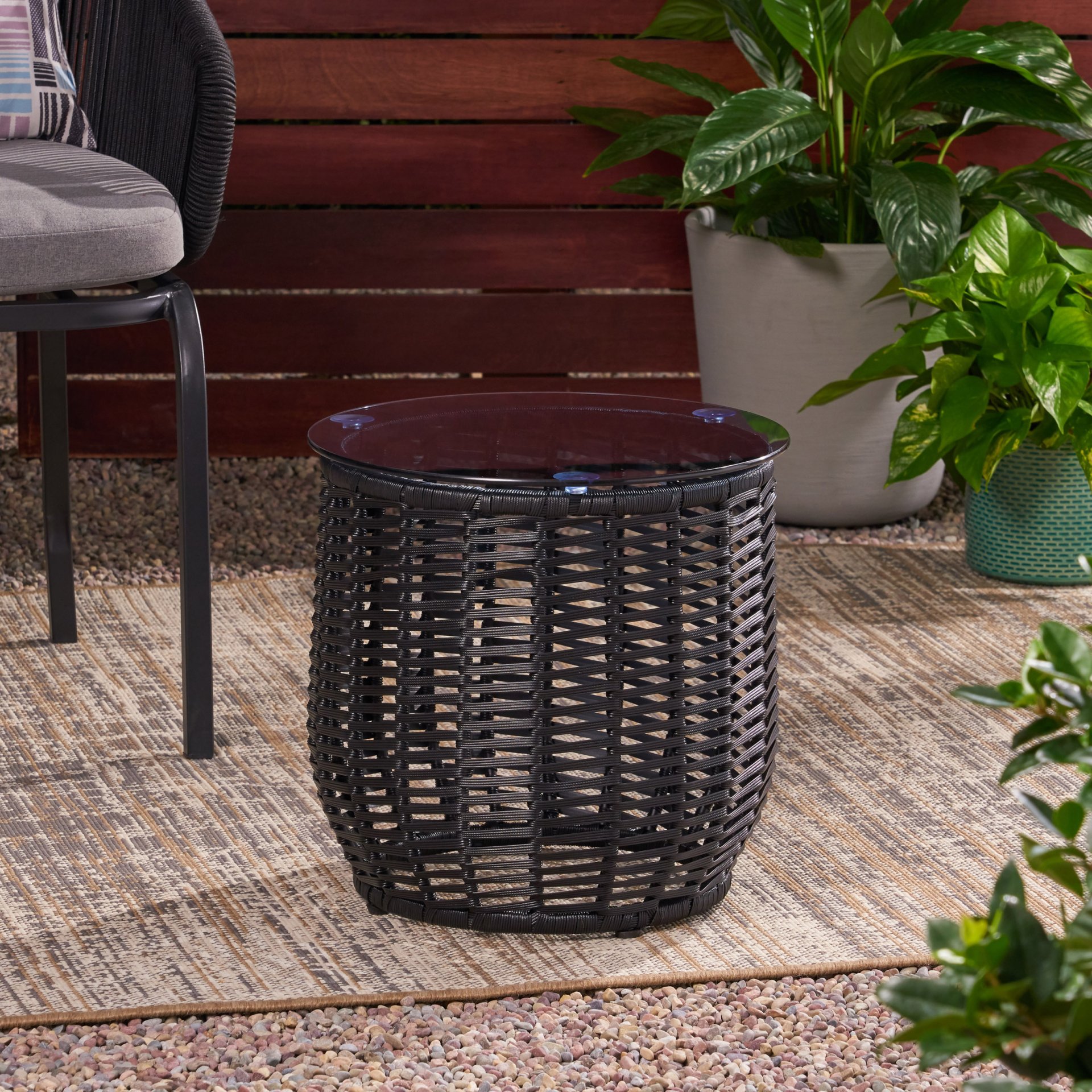 Arias - Boho Side Table With Tempered Glass Top And Rattan Wrap - Black - Image 5