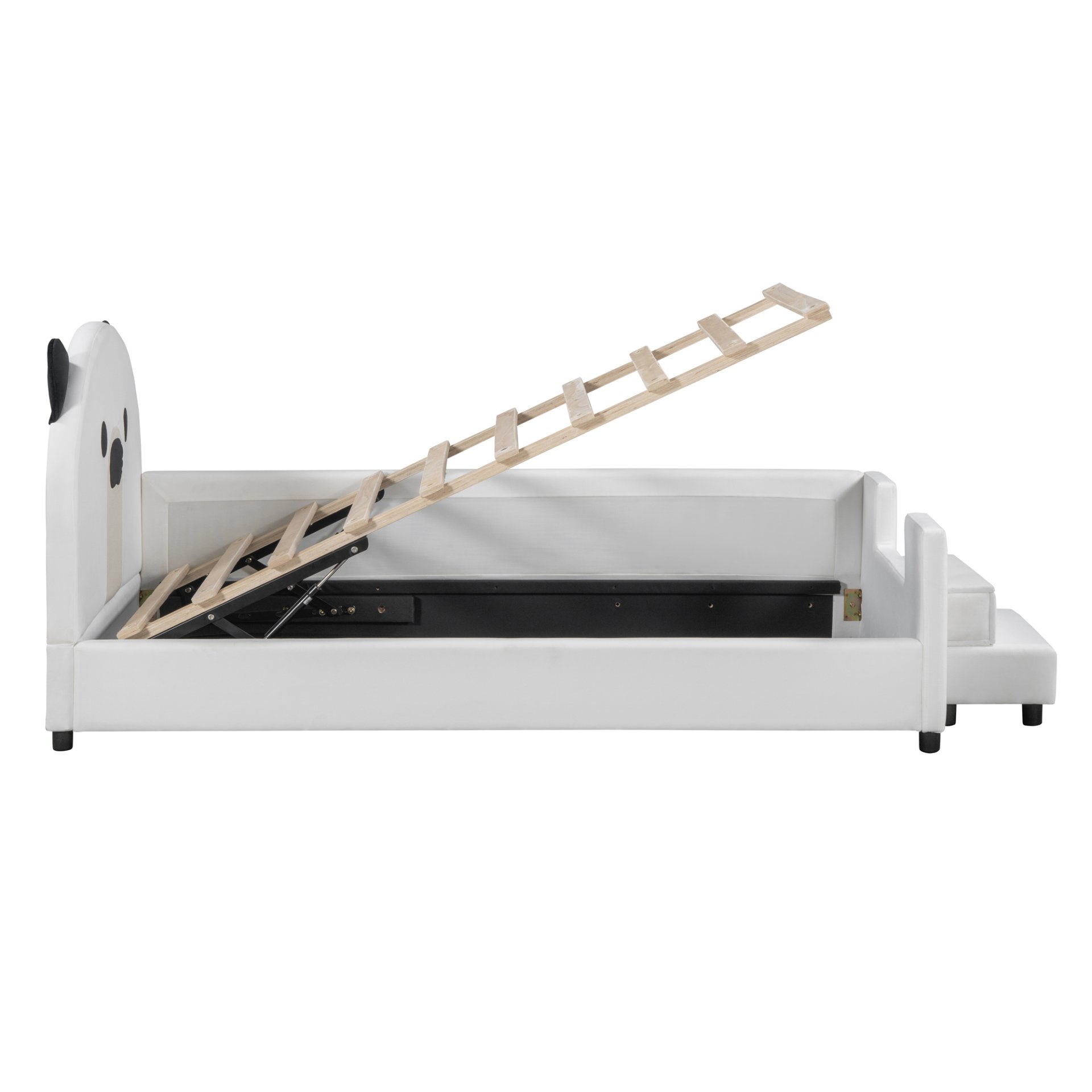 Twin Size Upholstered Daybed With Bear Shaped Headboard, Hydraulic System And Breathable Mesh Fence - White - Image 10