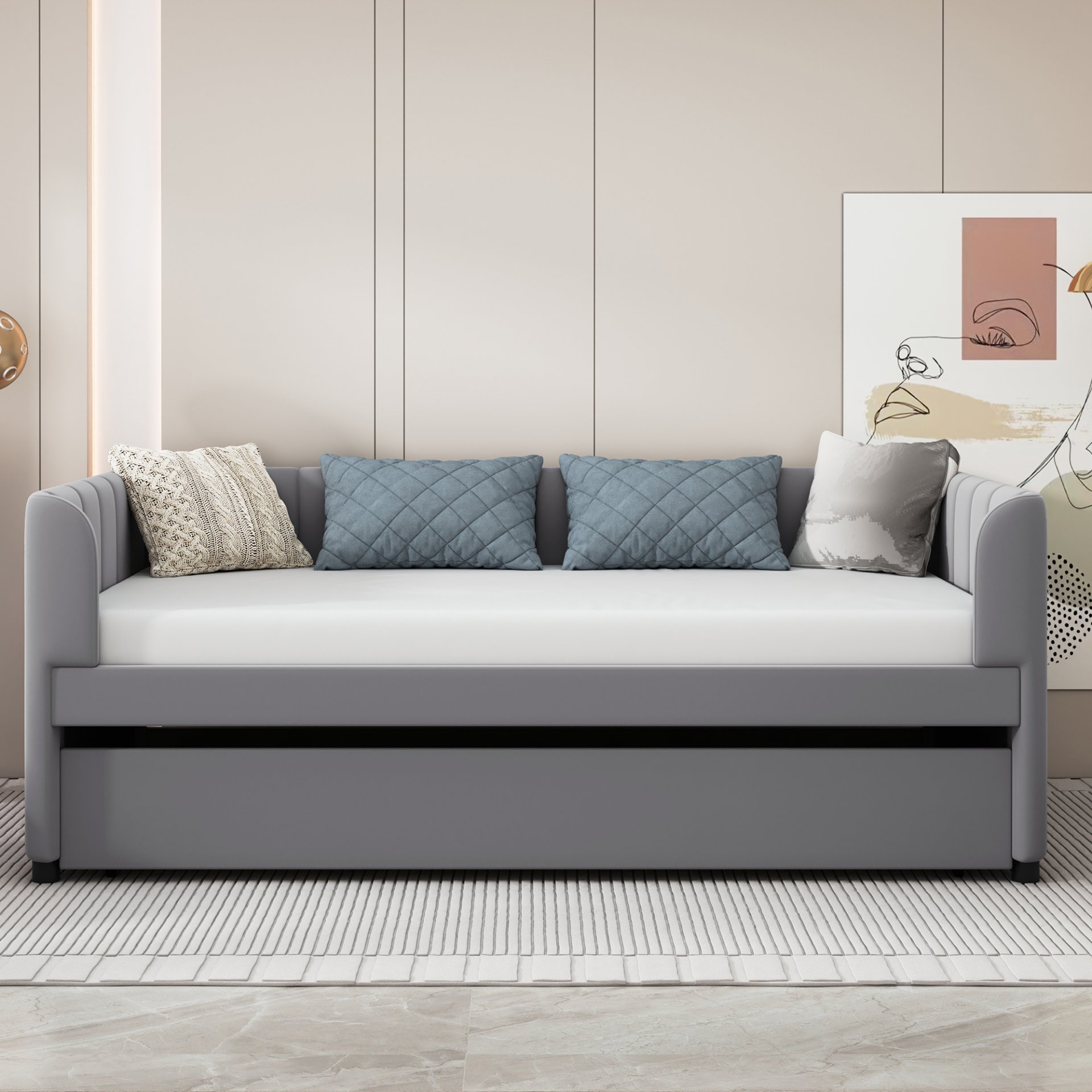 Twin Size Upholstered Daybed With Ergonomic Design Backrest And Trundle - Gray - Image 2