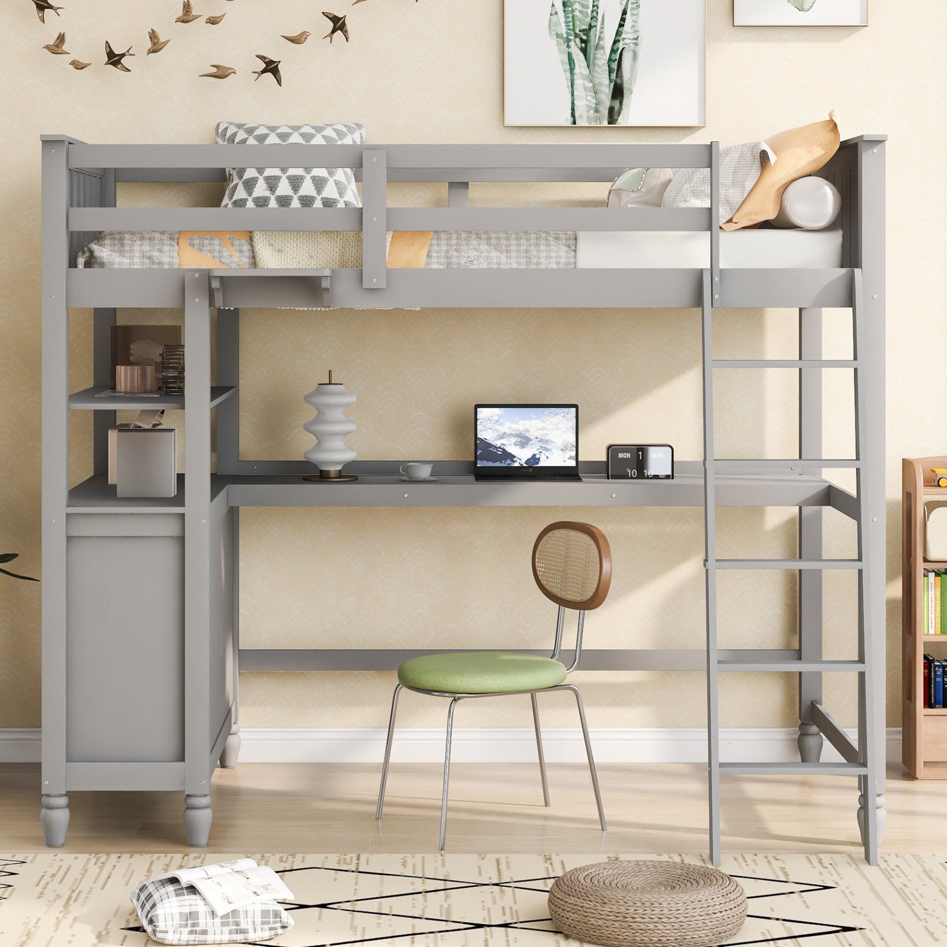Twin Size Loft Bed With Drawers And Desk, With Shelves - Gray - Image 2