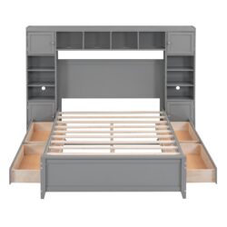 Full Size Bed With All In One Cabinet And Shelf - Gray