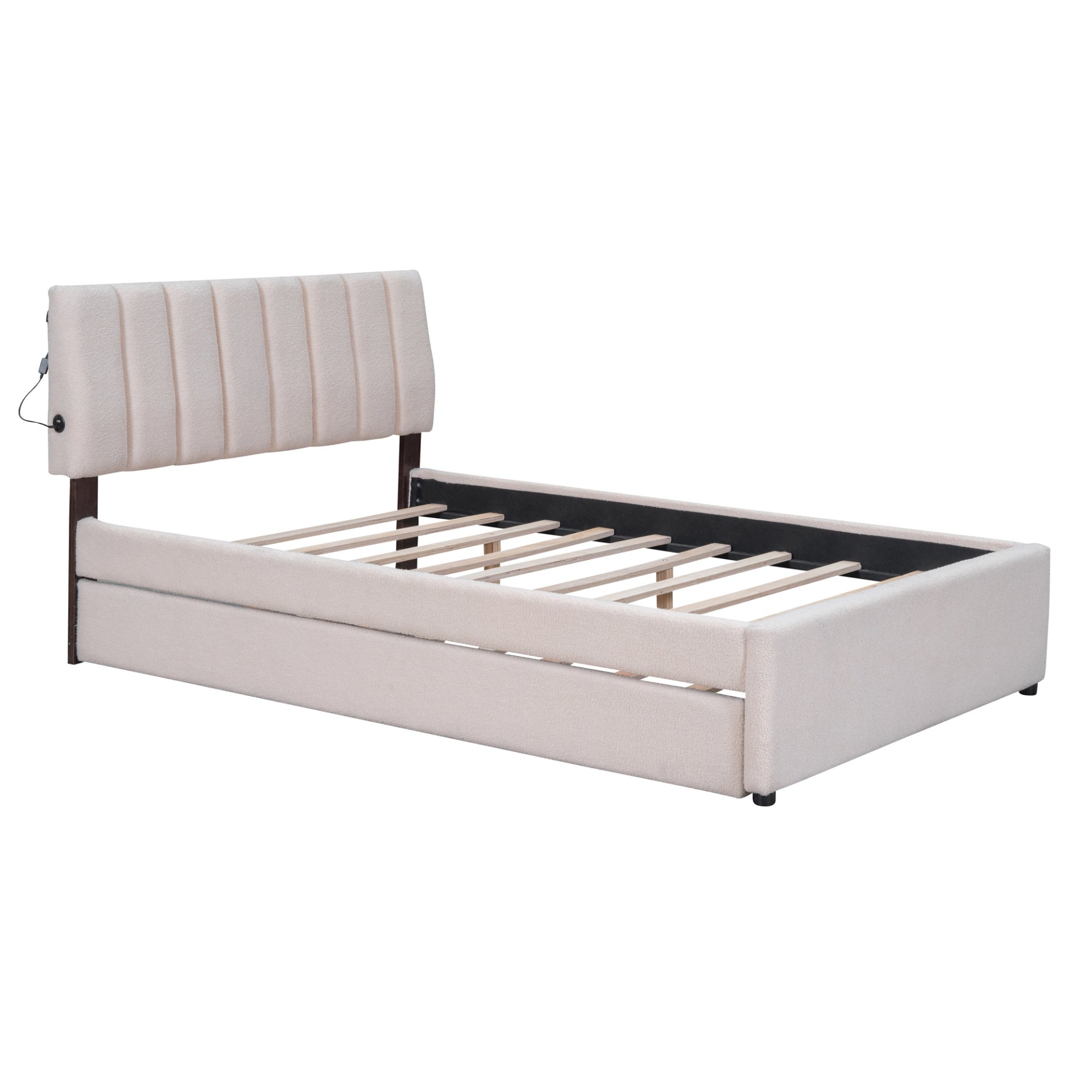 Full Size Upholstered Platform Bed With Twin Size Trundle - Beige - Image 7