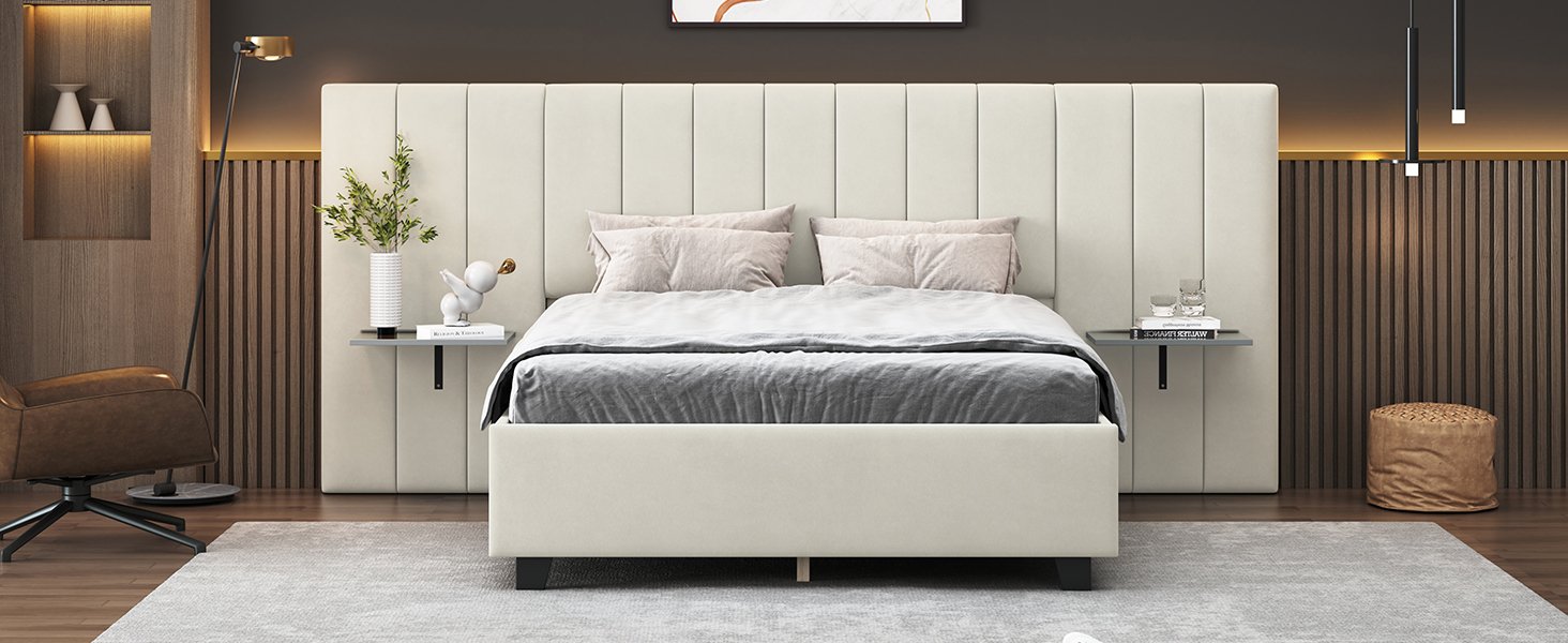 Full Size Upholstered Platform Bed With Big Headboard - Beige - Image 15