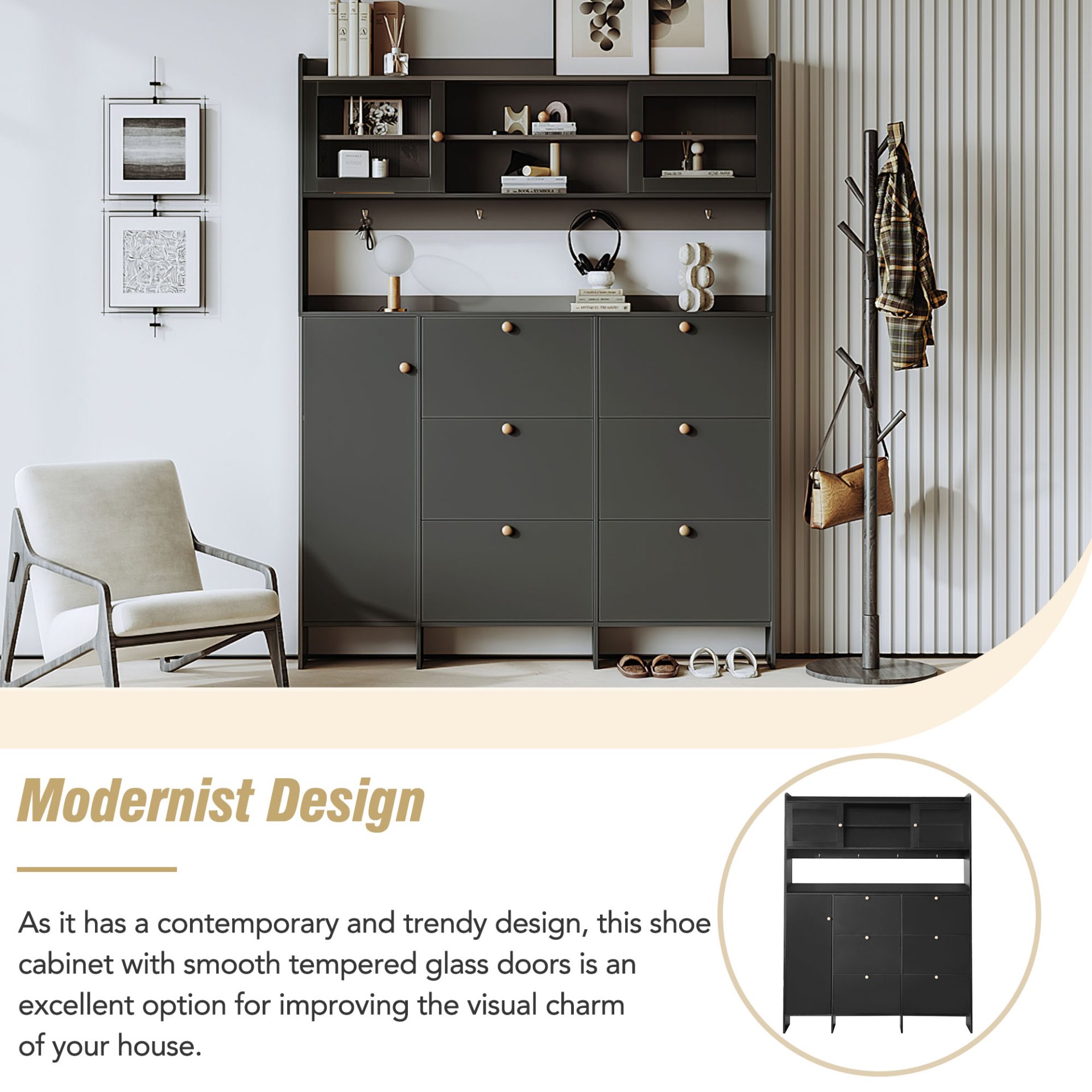 Multifunctional Tipping Bucket Shoe Cabinet With Storage Shelf & 6 Flip Drawers, Large Hall Tree With Tempered Glass Doors, Foyer Cabinet With 4 Hooks For Hallway - Black - Image 8