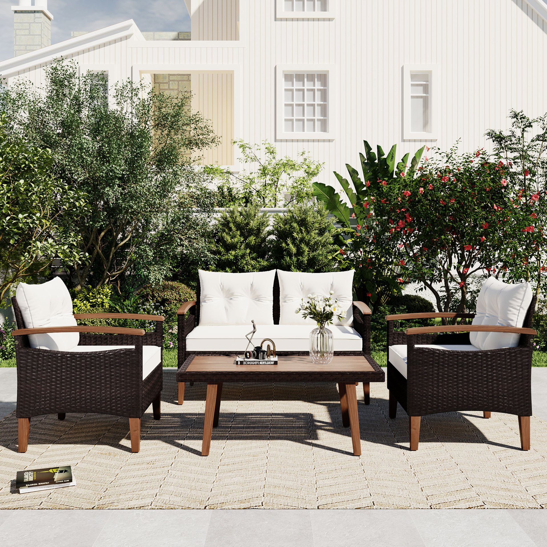 4 Piece Garden Furniture, Patio Seating Set, Outdoor Sofa Set, Wood Table And Legs - Brown / Beige - Image 2