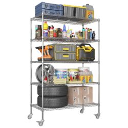 Heavy Duty Adjustable Shelving Unit, 5 Tier Wire Storage Shelves With Wheels - Brushed Nickel