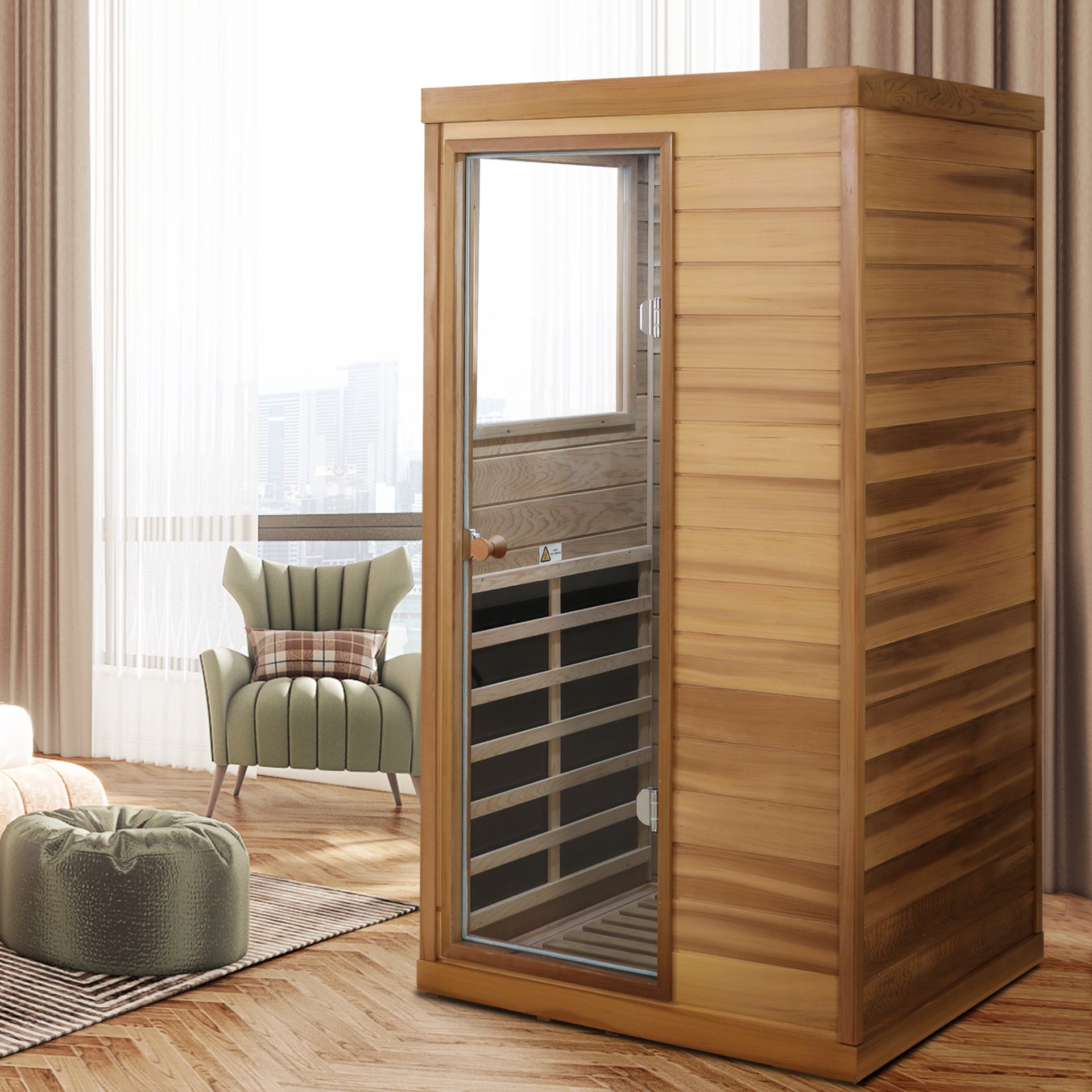 Red Cedar Mini 1 Person Far Infrared Glass Door On The Left Of The Indoor Sauna Room - Natural Wood / Caramel - Image 9