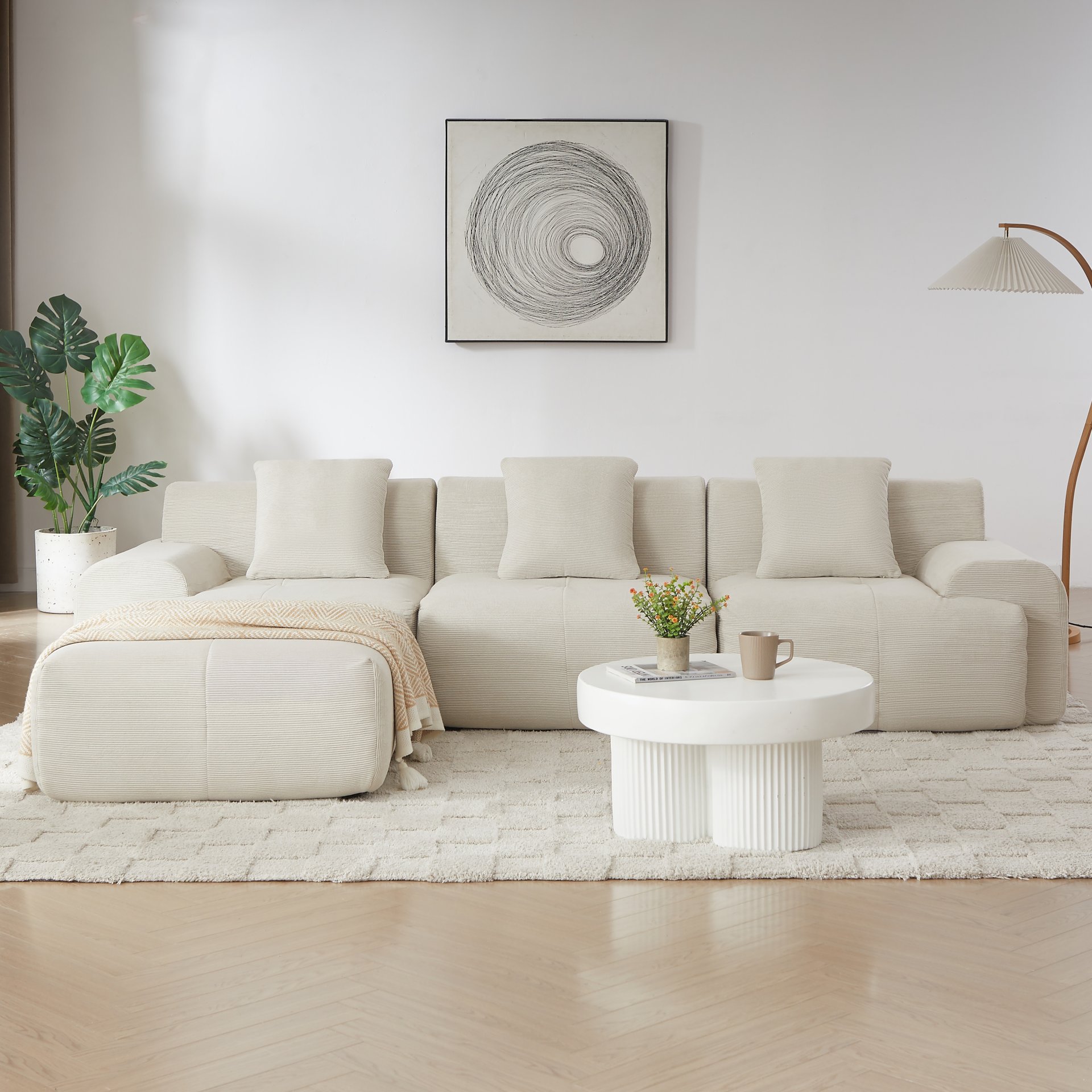 L Shaped Modular Sectional Sofa, Oversized 3 Seater With Deep Seat And Movable Ottoman - Beige - Image 7