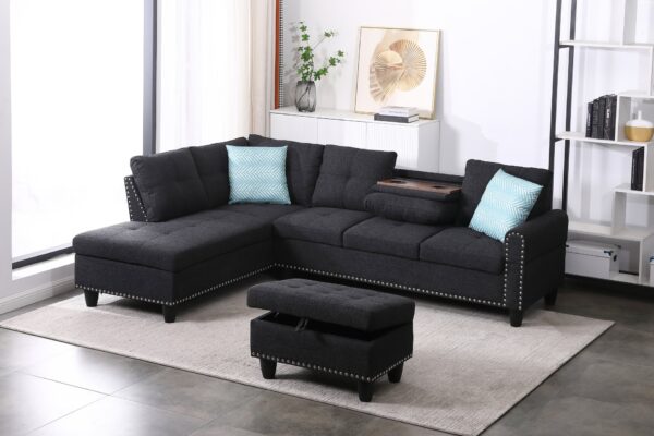 Alger - 98" Wide Left Hand Facing Sofa & Chaise With Ottoman - Charcoal Gray