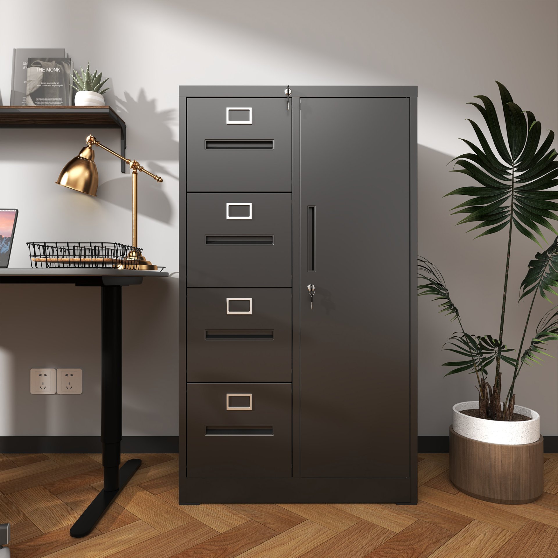 Sleek Metal Storage Vertical Filing Cabinet With Lock, 4 Drawer And 1 Door Steel File Locker For Home Office - Gunmetal Black - Image 2
