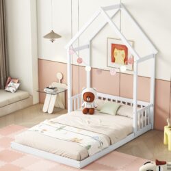 Full Roof-Framed Headboard Floor Bed With Headboard Guardrails - Without Slats White
