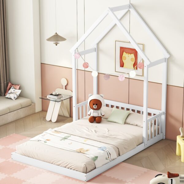 Full Roof-Framed Headboard Floor Bed With Headboard Guardrails - Without Slats White