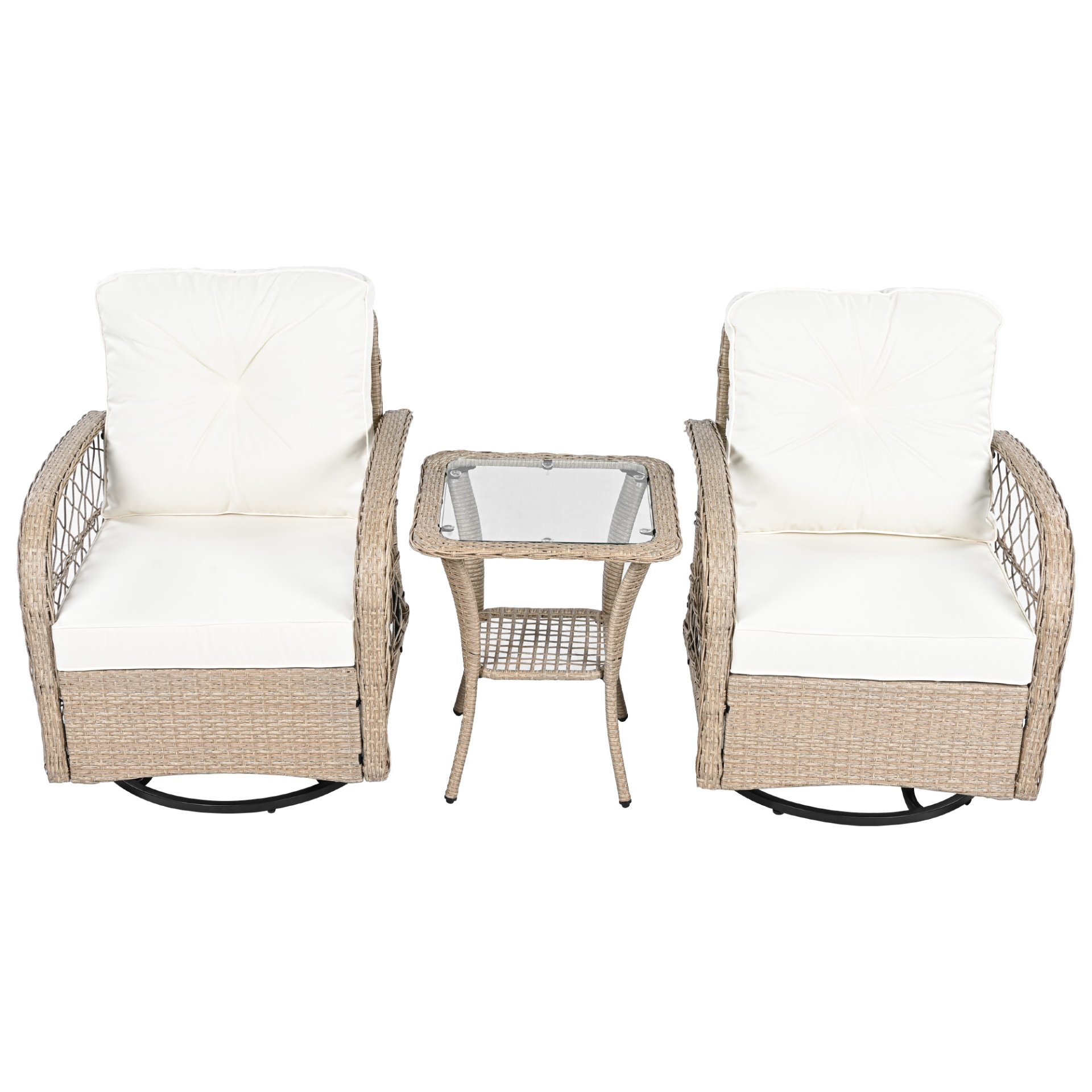 3 Piece Outdoor Chair & Table Set Chat Set 2 Person Rattan Seating Group With 2 Swiveling And Rocking Chairs And A Square Table For Garden, Patio, Or Balcony - Natural - Image 12
