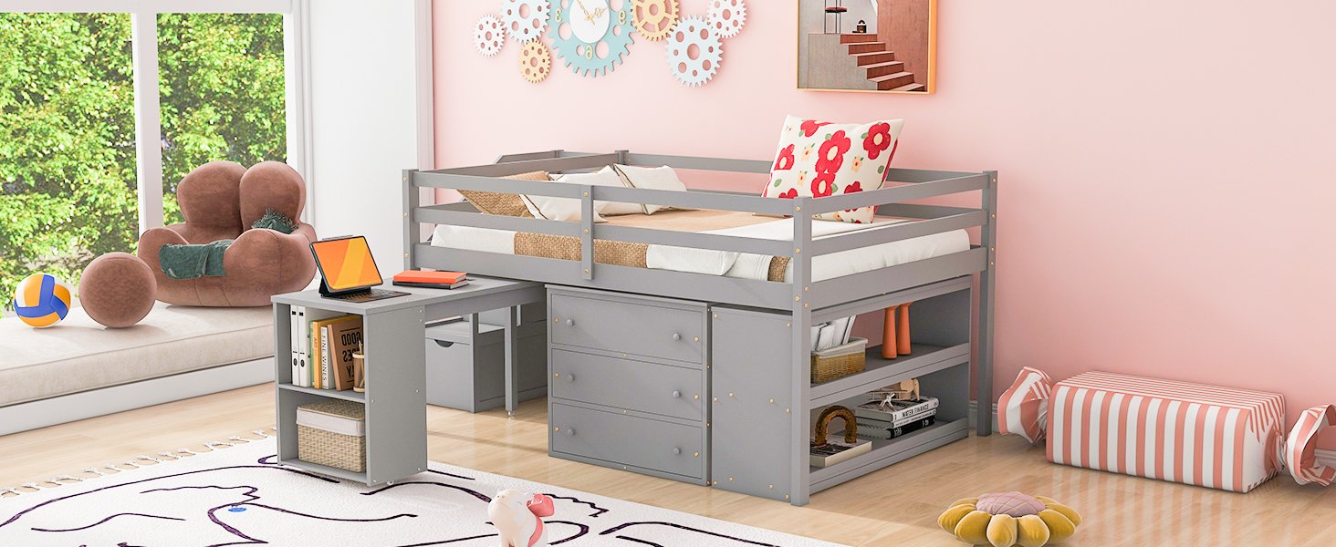 Full Size Loft Bed With Retractable Writing Desk And 3 Drawers With Storage Stairs And Shelves - Gray - Image 21