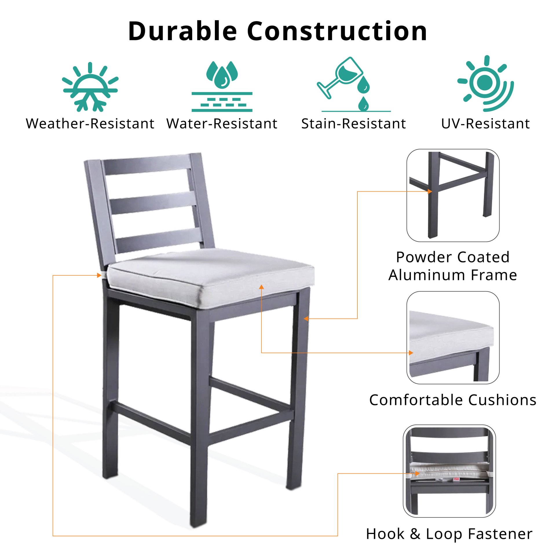 Outdoor Armless Aluminum Barstools With Cushion (Set of 2) - Pewter - Image 6