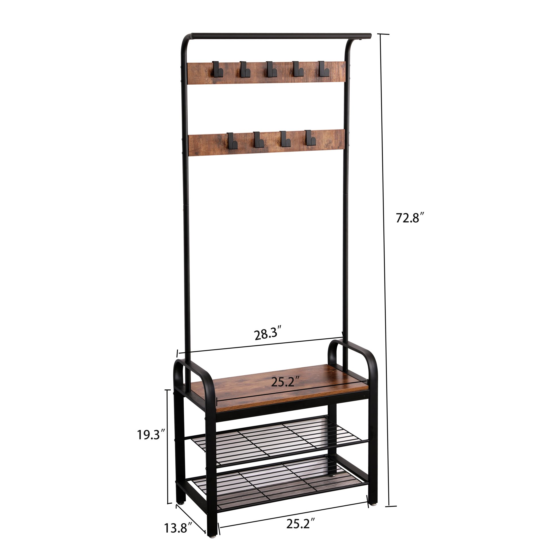 Coat Rack, Hall Tree With Shoe Bench For Entryway, Entryway Bench With Coat Rack, 4 In 1, With 9 Removable Hooks - Rustic Brown / Black - Image 7