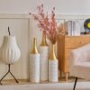 Floor Metal Vases Decorated White Metal Vases (Set of 3) Gorgeous Home Decoration Large Glazed Metal Vases - White / Gold - Image 9