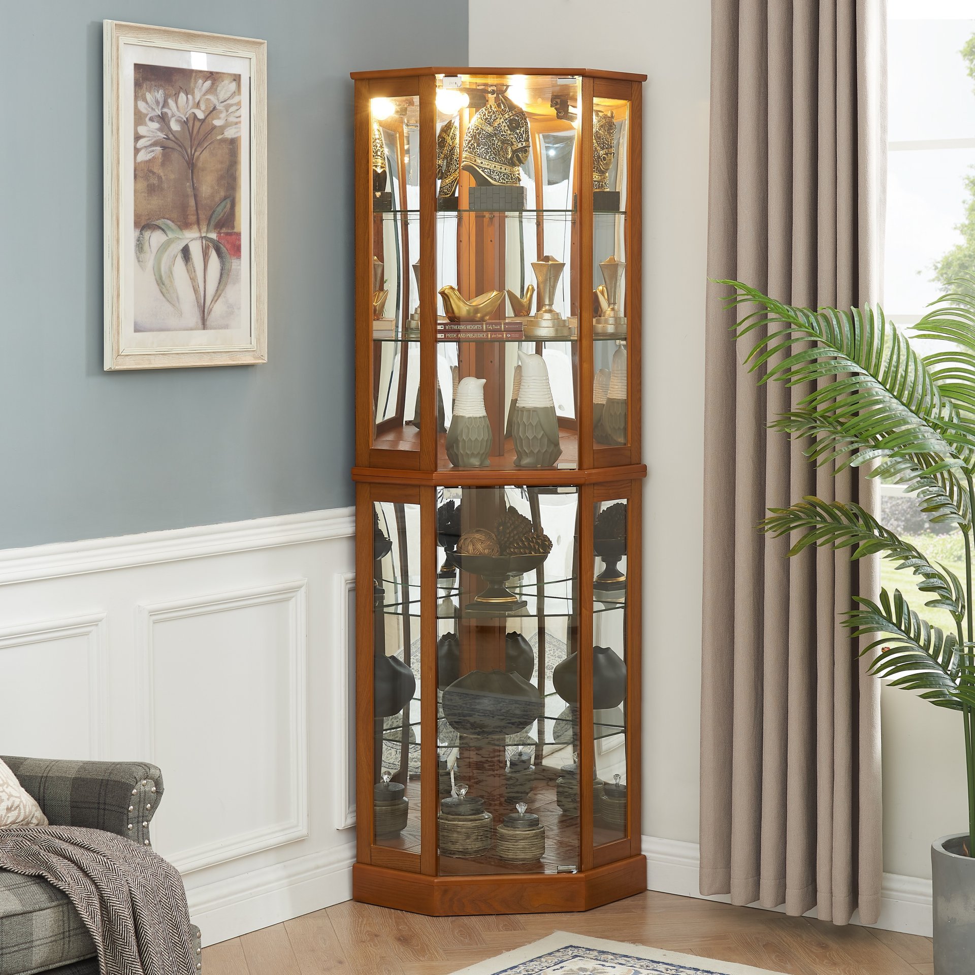 6 Shelf Corner Curio Display Cabinet With Lights, Mirrors And Adjustable Shelves (E26 Light Bulb Not Included) - Oak - Image 6