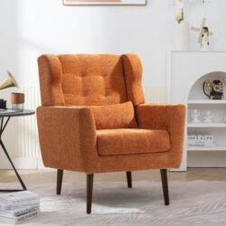 Modern Accent Chair, Chenille Arm Chairs For Living Room, Upholstered Mordern Armchair, Comfy Soft Padded Lounge Chair In Small Space, Bedroom, With Pillow, Solid Wood Leg - Orange