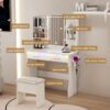 Vanity Desk With LED Lights Mirror, Power Outlet, Storage Drawers & Chair - White - Image 10