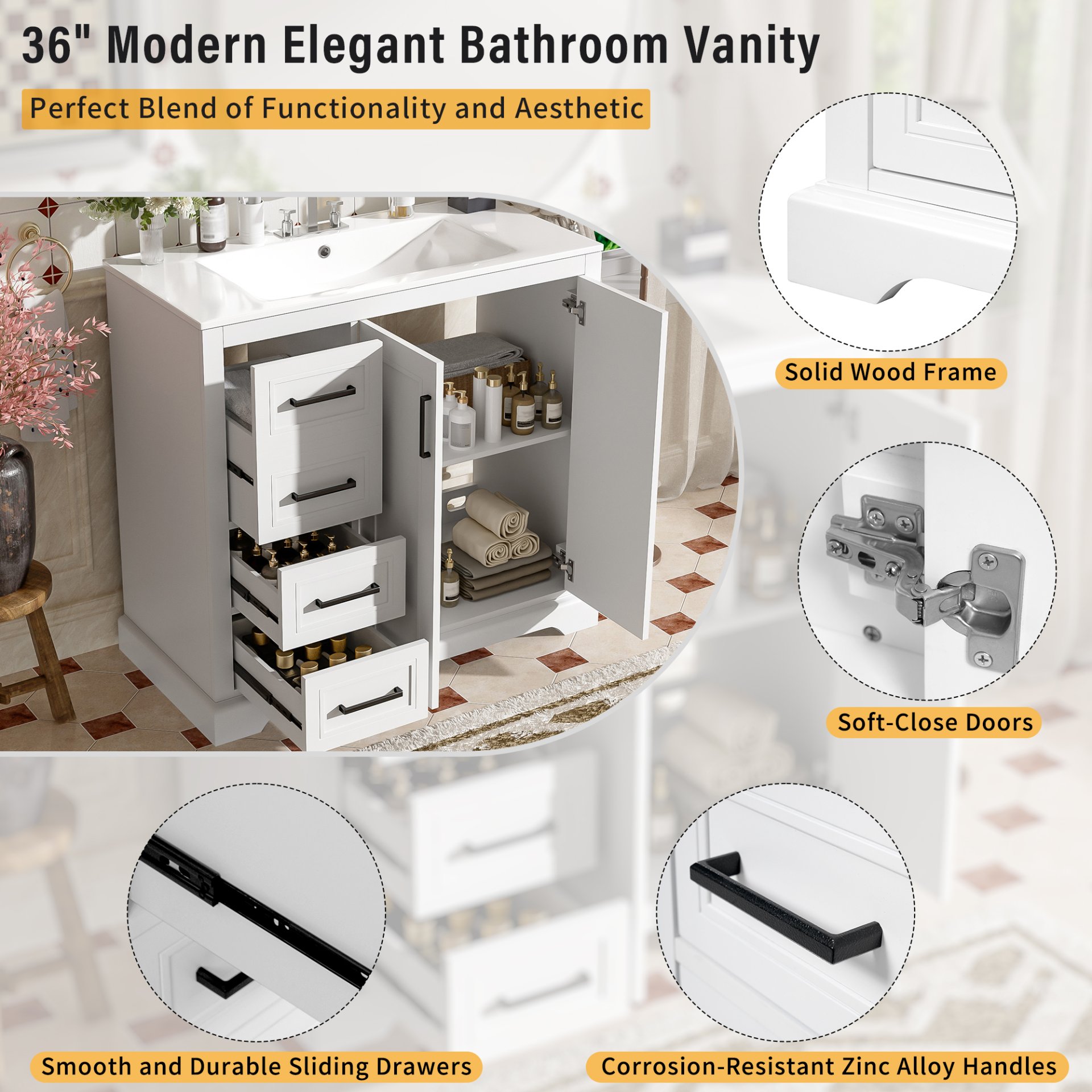 36" Bathroom Vanity With Sink, Soft Close Doors, Adjustable Shelf & 3 Drawers - White - Image 6
