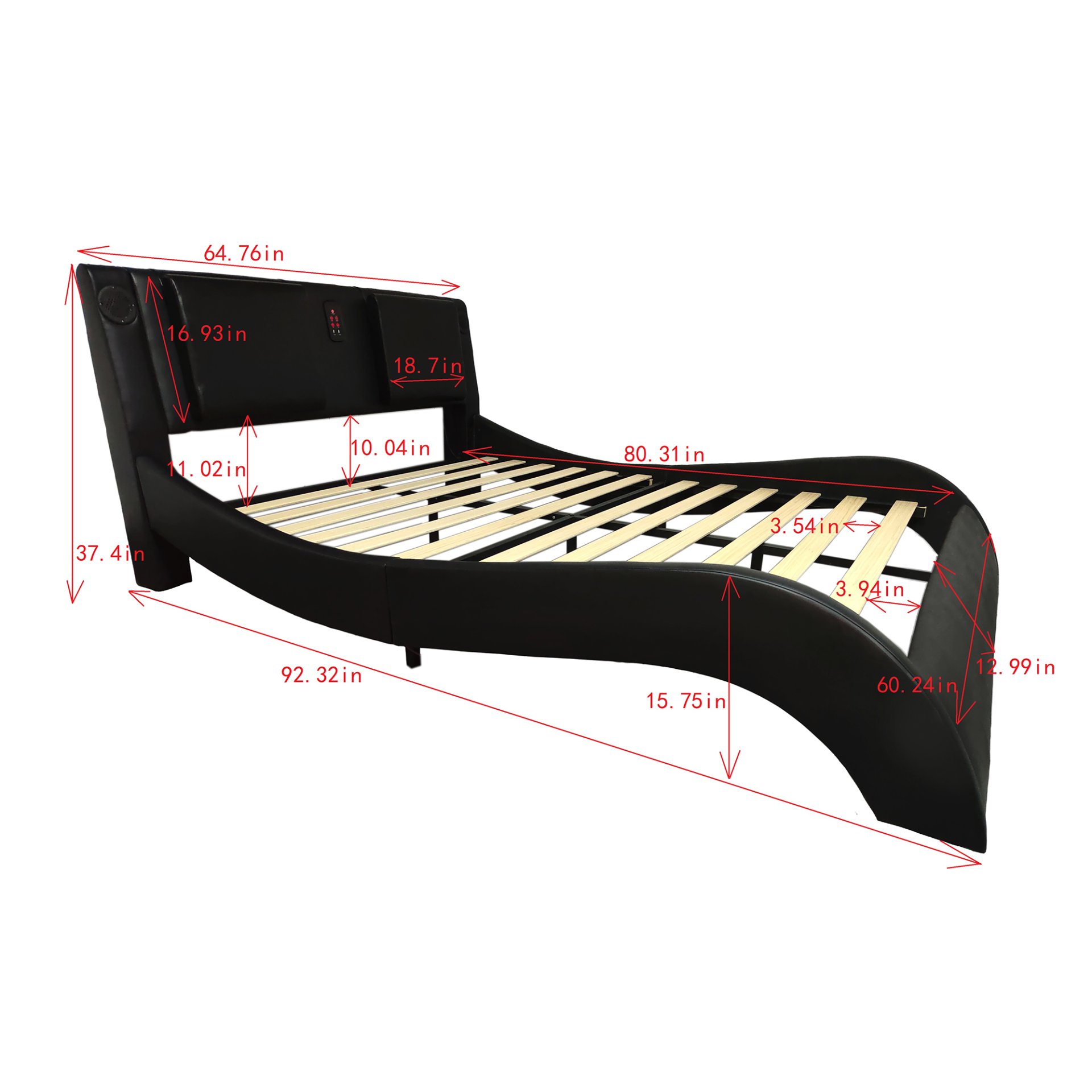 Queen Size Upholstered Platform Bed Frame With LED Lighting, Bluetooth Connection To Play Music Control, Backrest Vibration Massage, Curve Design, Wood Slat Support, Exhibited Speakers - Black - Image 3