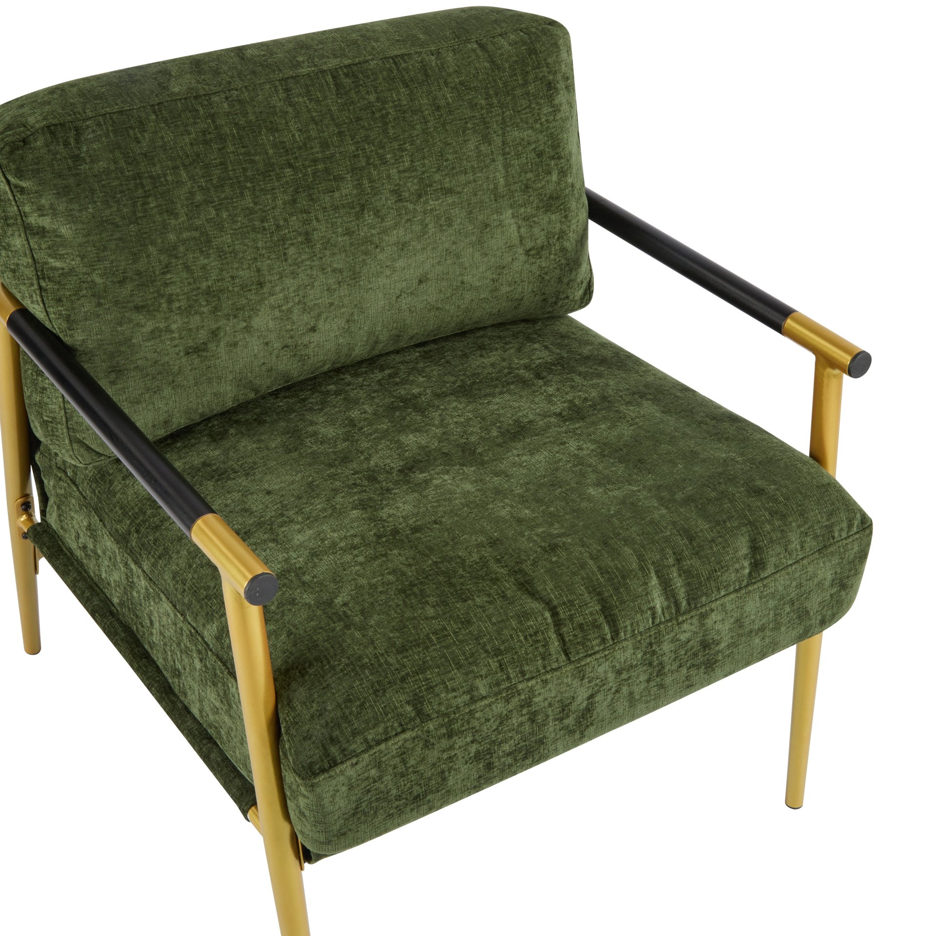 Modern Accent Chair With Plush Cushions, Minimalist Metal Frame, & Wooden Armrest Design - Gold / Green - Image 15