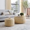 Woven Rattan Fabric Round Storage Ottoman With 2 In 1 Function As End Table And Ottoman - Dark Yellow - Image 3