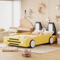 Twin Size Race Car Shaped Platform Bed With Wheels - Yellow