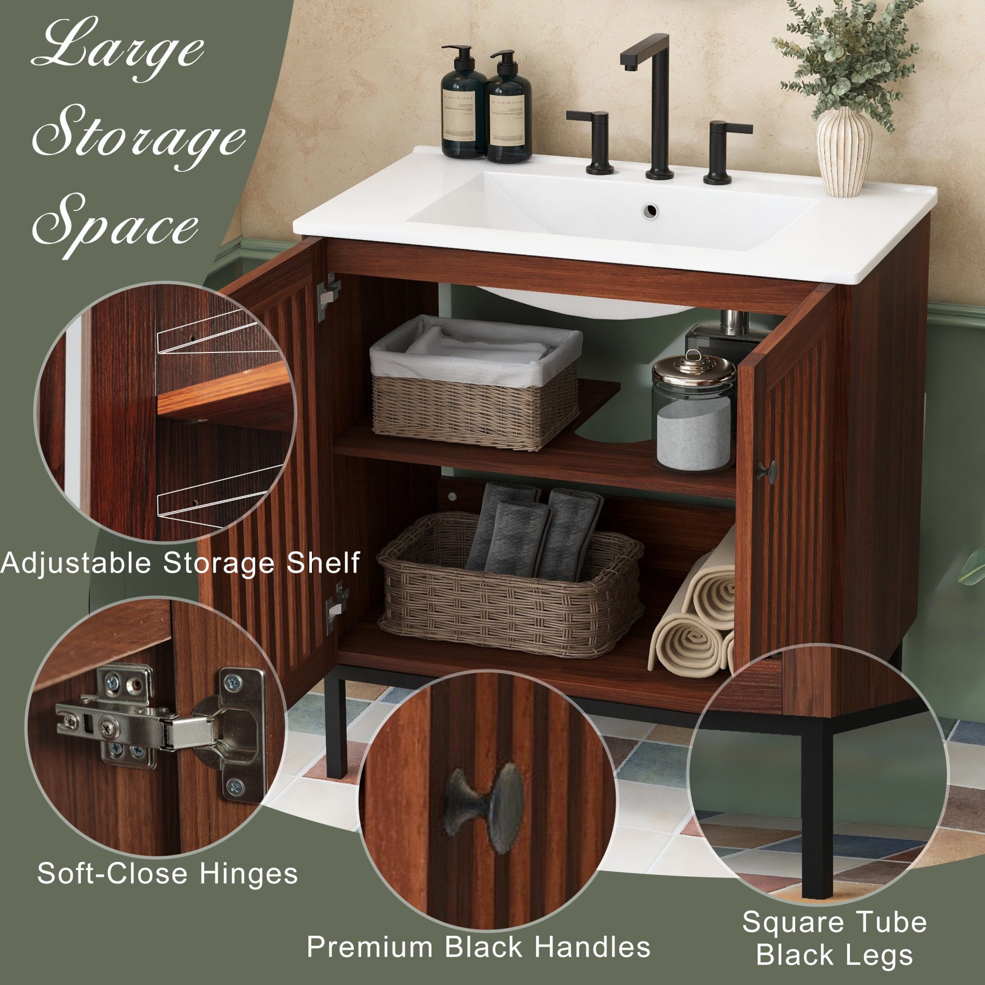 30" Vintage Bathroom Vanity With Ceramic Sink, Modern Bathroom Vanity Cabinet With 2 Soft Close Doors, Equpiied With 4 Sturdy Iron Legs - Antique Dark Brown - Image 5