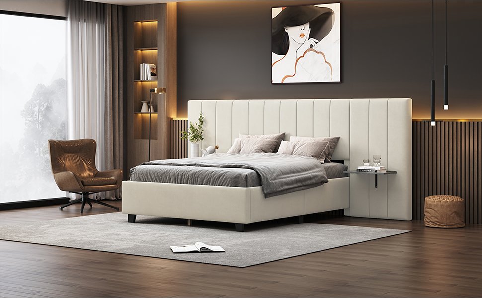 Full Size Upholstered Platform Bed With Big Headboard - Beige - Image 12