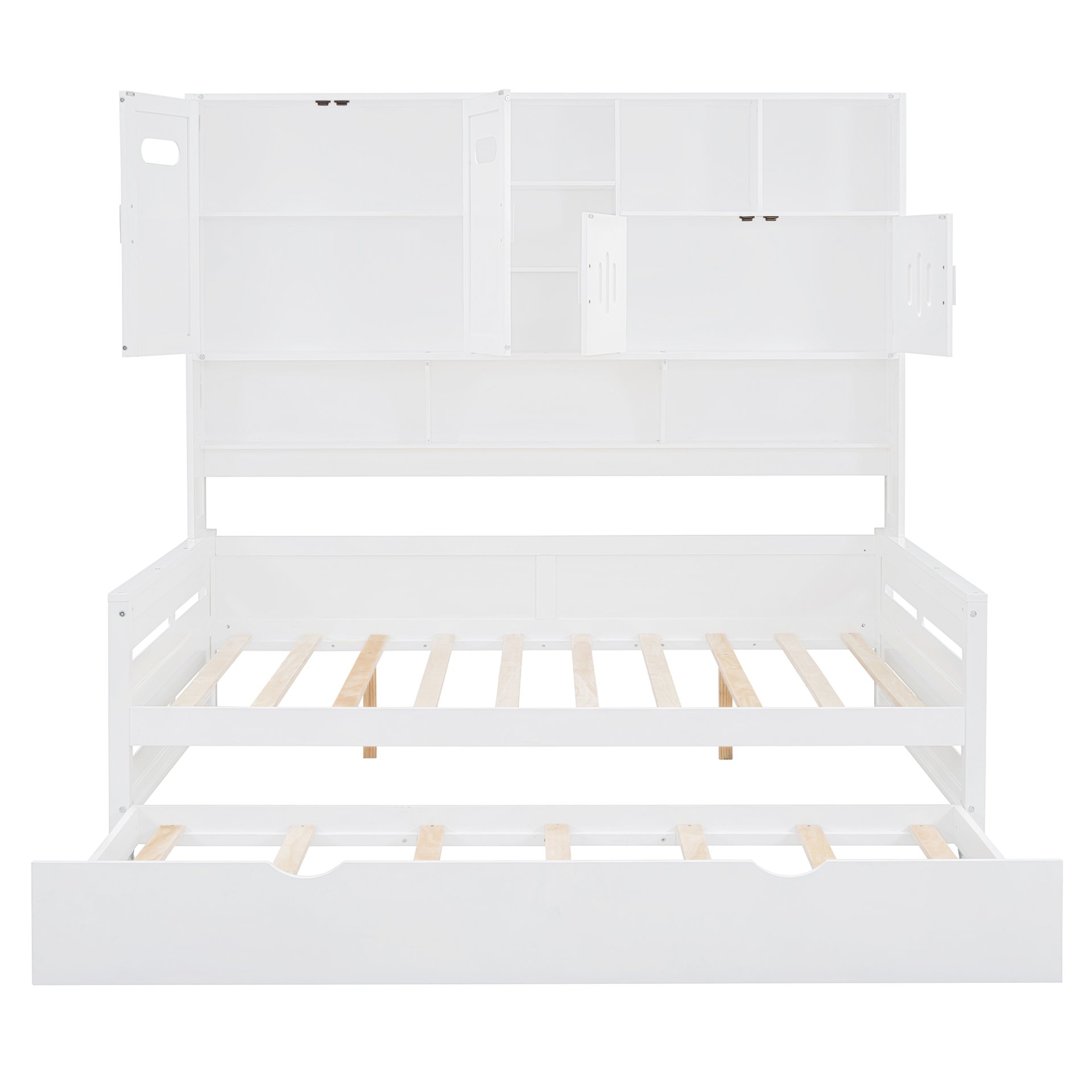 Full Size Wooden Daybed With Twin Size Trundle, And All In One Cabinet And Shelf - White - Image 5