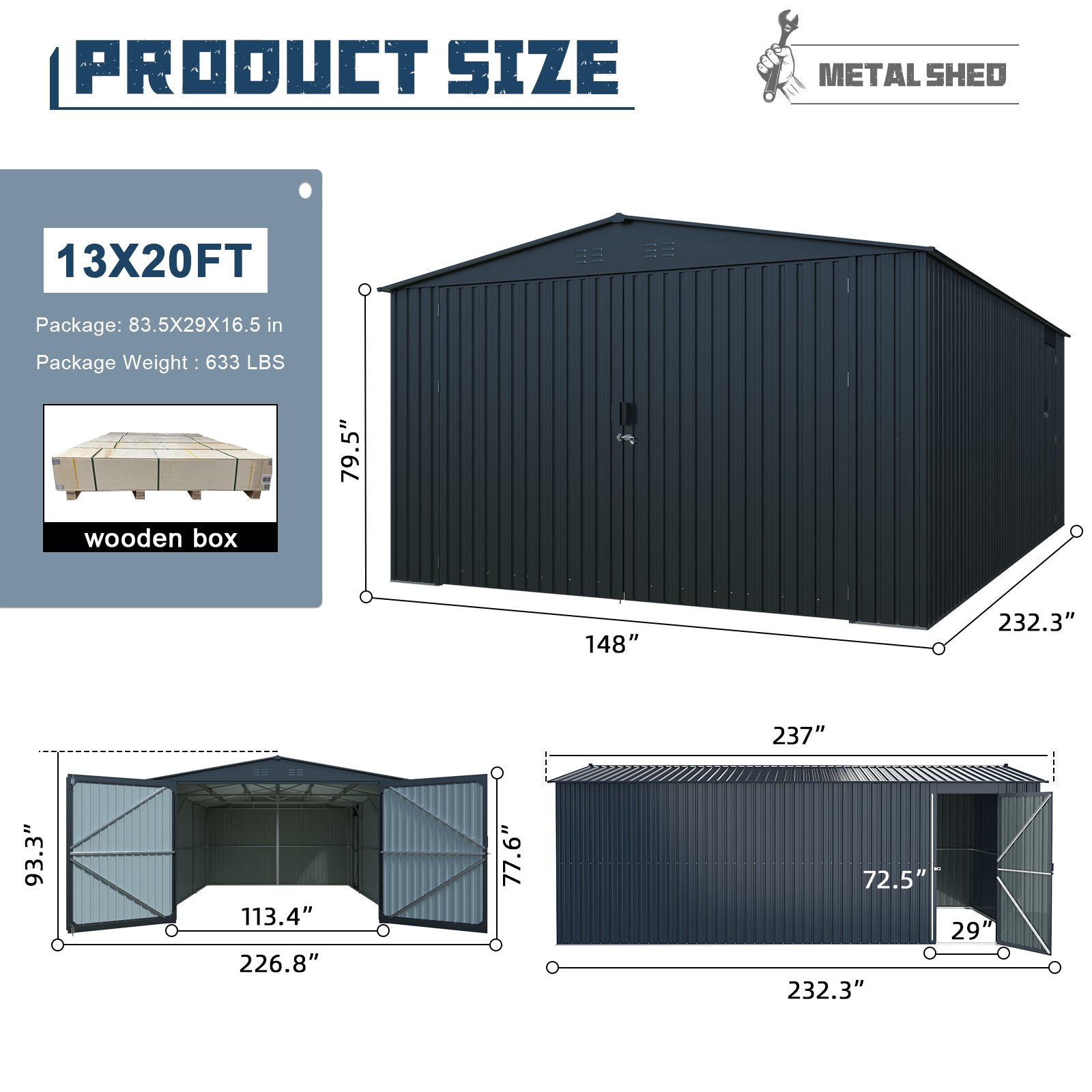 Outdoor Storage Shed, Metal Garage Shed Backyard Utility Tool House Building With 2 Doors And 4 Vents For Car, Truck, Bike, Garbage Can, Tool, Lawnmower - Black - Image 3